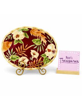 Home Trends HIBISCUS Bamboo Edge Ferns Floral Red Oval Ceramic Serving Platter